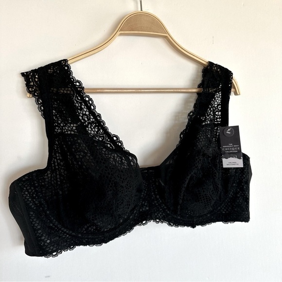 Cacique Bra48D Unlined Balconette Underwire Bra Black Shoulder Flutter NEW